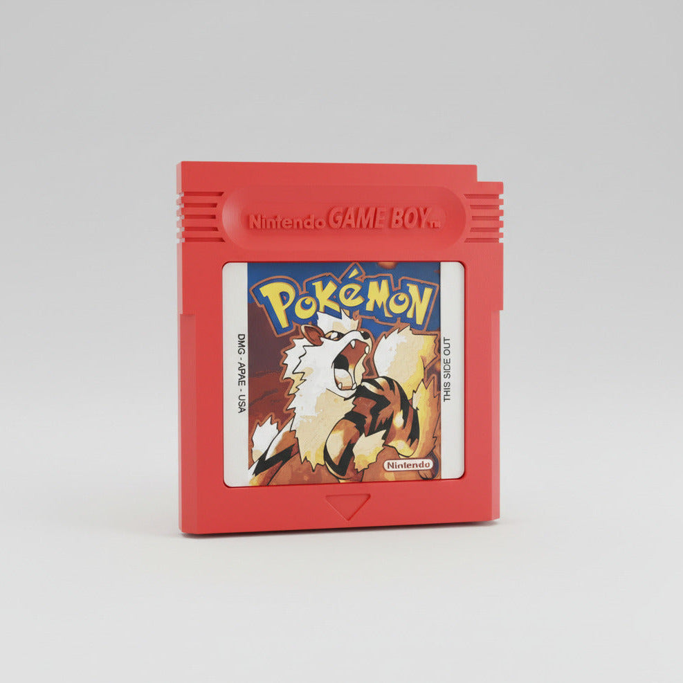 Red Game Boy cartridge with a 'Pokémon' game case on a blue background