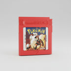 Red Game Boy cartridge with a 'Pokémon' game case on a blue background