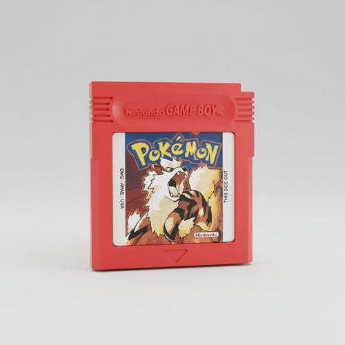 Red Game Boy cartridge with a 'Pokémon' game case on a blue background